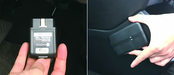 図（左：OBD活用ソリューションの装置、右：GPSトラッカーソリューション［非OBD］の装置）