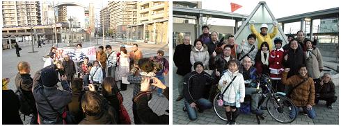 12月24日、JR尼崎駅前でのゴール。報道陣に囲まれる神原。全国各地から集まったサポーターの皆さんと記念撮影風景