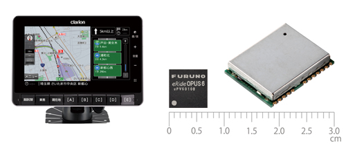 クラリオンの業務車両向け新車載端末SOLID AD-1シリーズ「UA-1138A」の外観と、「eRideOPUS 6」受信チップと「GV-86」受信モジュールの外観