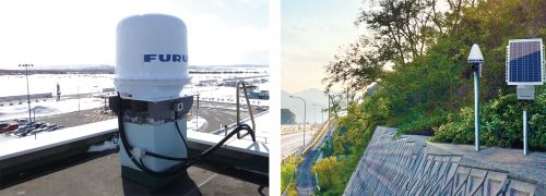 小型Xバンド二重偏波ドップラ気象レーダー「型式：WR-2100」の設置例、GNSS自動変位計測システム「DANA」の設置例
