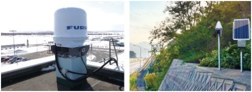 小型Xバンド二重偏波ドップラ気象レーダー「型式：WR-2100」の設置例と、GNSS自動変位計測システム「DANA」の設置例