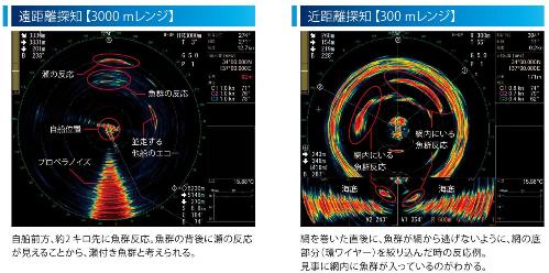 ▲遠距離探知(3,000mレンジ)と近距離探知(300mレンジ)の表示例