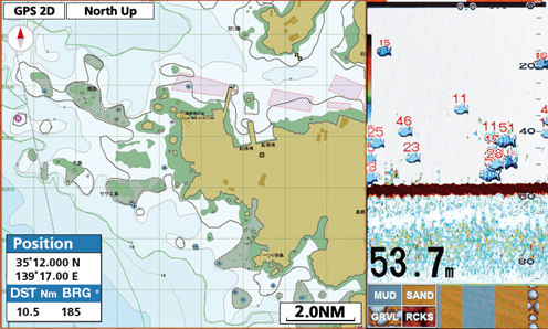 「プロッタと魚探表示」の画面表示例