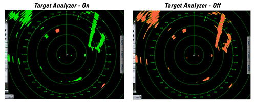 Two approaching targets are depicted clearly in RED when Target Analyzer™ is ON. When Target Analyzer™ is OFF, it is difficult to identify which targets are approaching. 