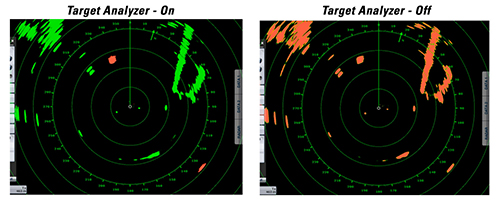 Two approaching targets are depicted clearly in RED when Target Analyzer™ is ON. When Target Analyzer™ is OFF, it is difficult to identify which targets are approaching.
