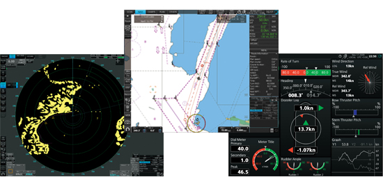 Radar display, ECDIS display and Conning display images